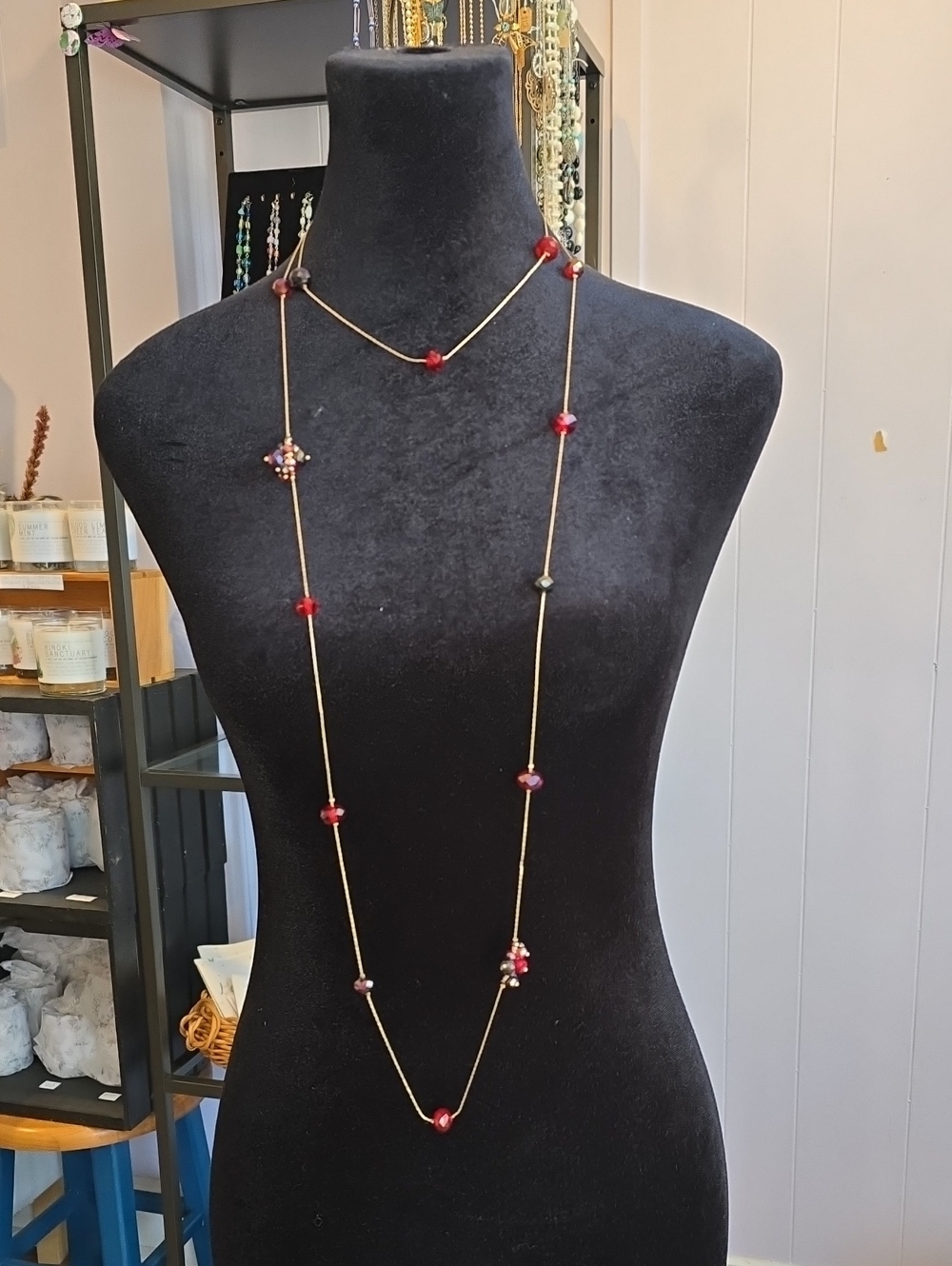 VTG Ali Kahn Long Gold Necklace With Red Bead Accents